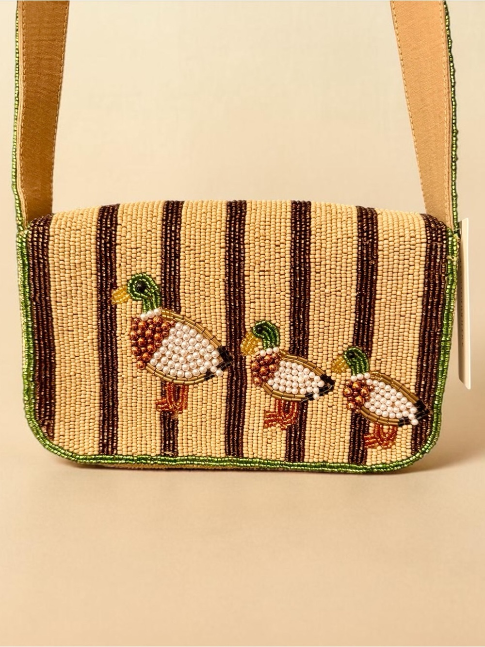 Anthropologie Cream, Brown & Green Beaded Duck Shoulder Bag - Picture 6 of 7